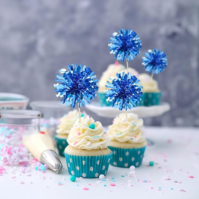 Ephlyn 30Pcs Foil Firework Cupcake Toppers Blue Tinsel Flower Drink Stirrers - Image 5