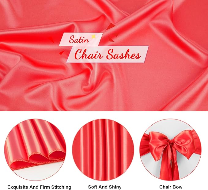 50 PCS Red Satin Chair Sashes Bows Universal Chair Ribbon Ties Back Sash - Image 3