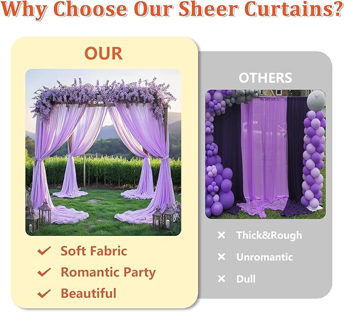 DUOBAO Chiffon Backdrop Curtain-2 Panels 29"x108" Wedding Drapes Lavender Sheer - Image 3