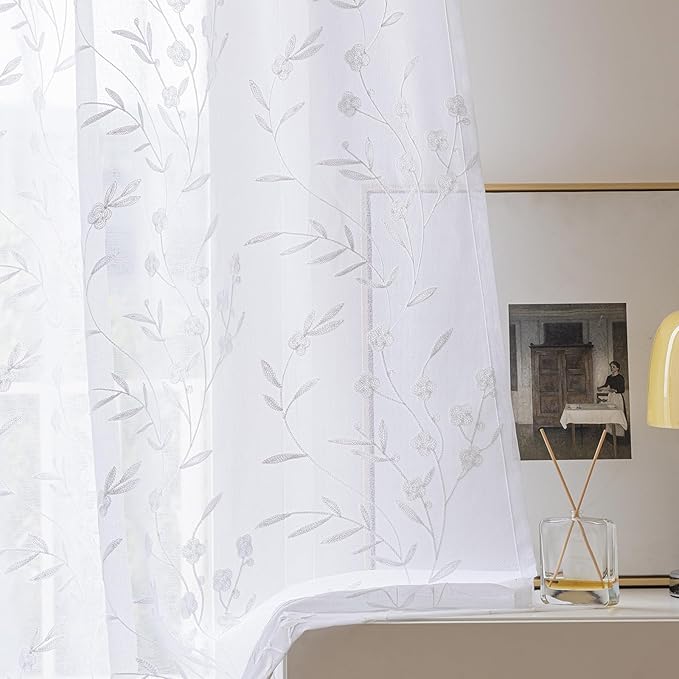 Embroidery Sheer Curtains White 95 Inches, Floral Pattern Window Treatments Rod - Image 2