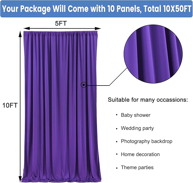 50 ft x 10 ft Wrinkle Free Purple Backdrop Curtain - Image 5