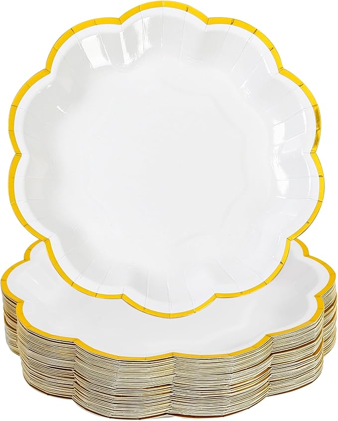 White Golden Party Plates Gold Foil Dessert Paper Plate 7inch Scalloped Edge by AimFun