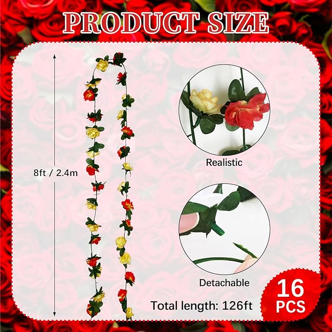16Pcs 126Ft Pink&Yellow Rose Garland, Fake Rose Hanging Flowers, Artificial - Image 2