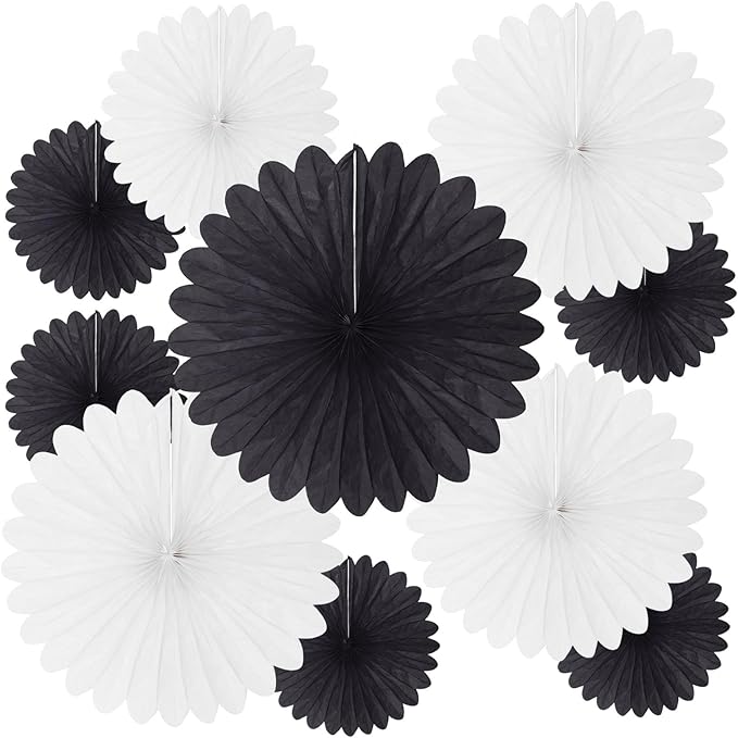 20 Pcs Black White Hanging Paper Fan, Round Paper Fans Decorations Set by Tisspoms