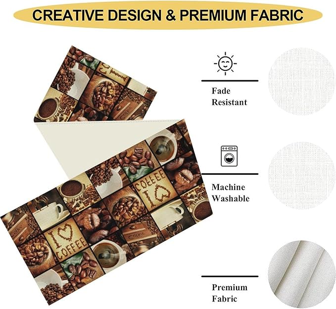 Coffee Theme Table Runner, Retro Farmhouse Coffee Cup Latte Cappuccino Tea - Image 4