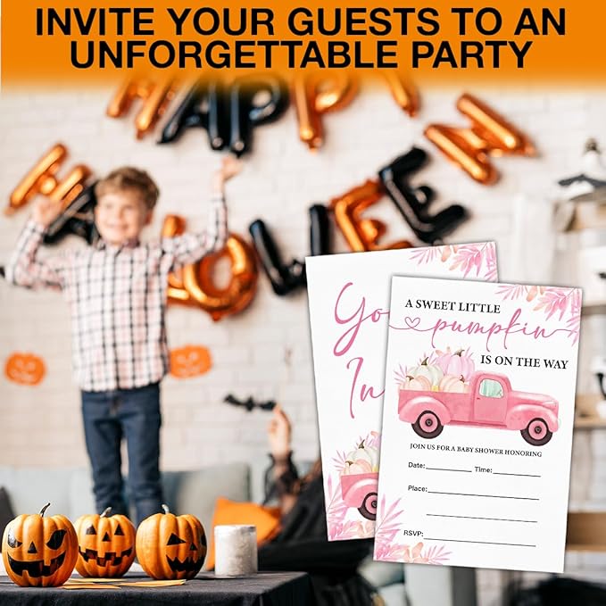 Pumpkin Baby Shower Party Invitations, Fall Pink Pumpkins Truck Baby Shower - Image 6