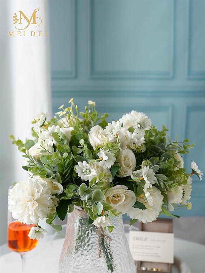 Meldel 3 Pcs Bouquet Rose Artificial Fake Flowers Eucalyptus Plants Faux Silk - Image 6