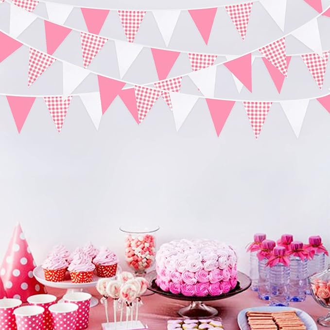 32Ft Hot Pink Plaid Checkered Pennant Banner Fabric Gingham Triangle Flag - Image 3