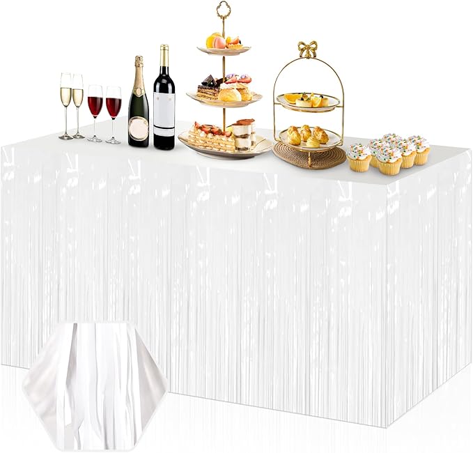 3 Pack 29x108 Inch Macaron White Foil Fringe Table Skirts Metallic Banner by Ferwzsr