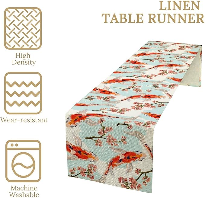 Japanese Kio Fish Table Runner Cherry Flower Art Printed Burlap Runner Home - Image 3