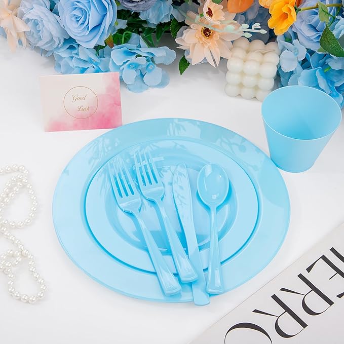 KIRE 150 Piece Blue Plastic Plates Disposable - Image 9