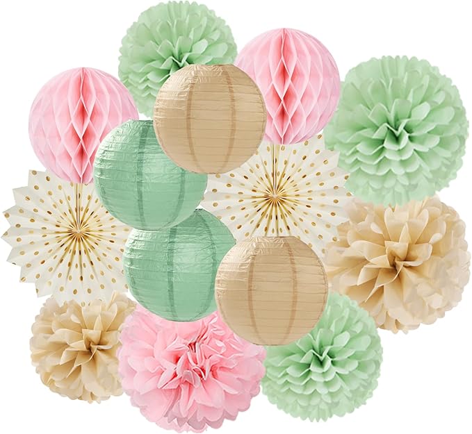 Sage-Green Pink-Champagne Party-Decorations Streamers Lanterns by OURUOLA