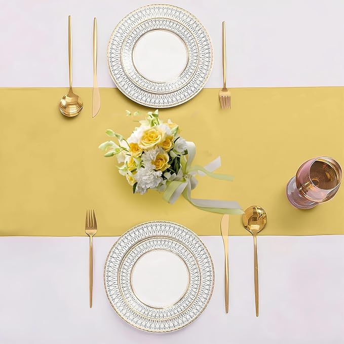 SHEJIZE 10 Pack Light Gold Satin Table Runner 12x108 Inches Long, Bright Silky - Image 3