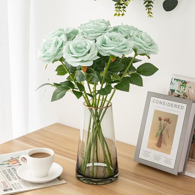 Artificial Rose 10pcs Open Flower Bouquet Sage Green Faux Rose Stems - Image 3