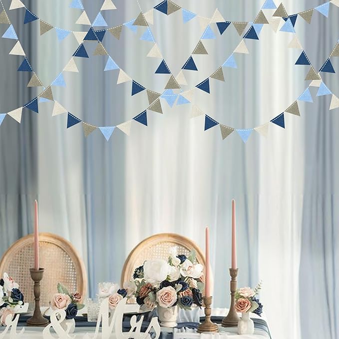 Dusty Blue Party Decoration Gray Blue Felt Hanging Triangle Mini Bunting - Image 7
