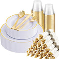 SUT 175 Pcs White and Gold Plastic Plates, Plastic Dinnerware Set by SeeYouTomorrow