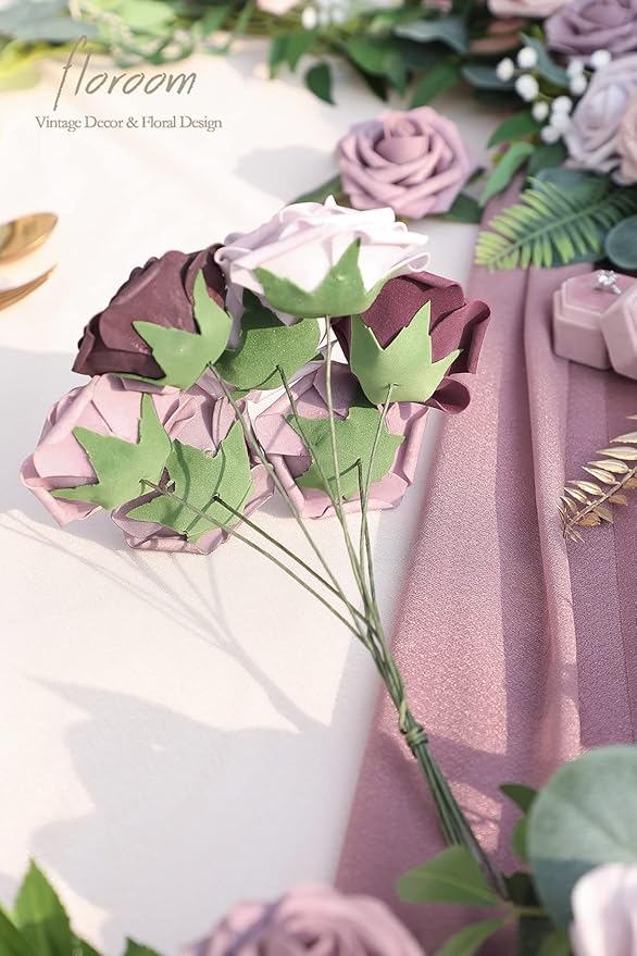 Floroom Artificial Flowers 25pcs Real Looking Plum Ombre Colors Foam Fake Roses - Image 6