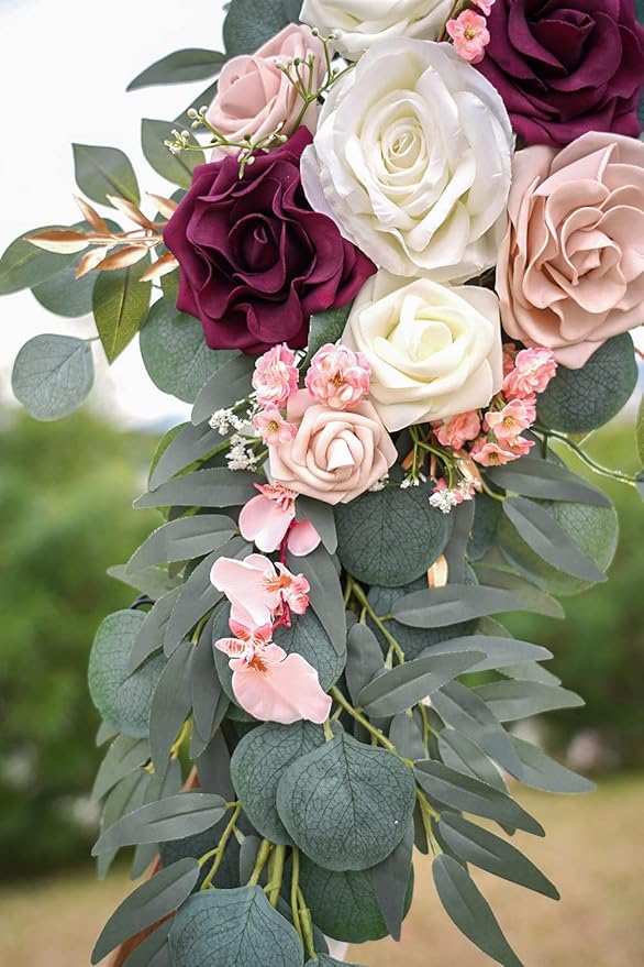 Ponatia Wedding Arch Flowers, Artificial Burgundy & Nude & Ivory Wedding Flowers - Image 8