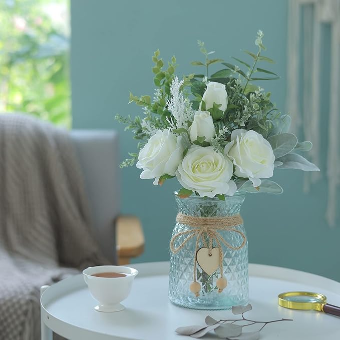 Faux Flowers with Vase, Artificial Silk Roses in Vase, Fake Plant Eucalyptus - Image 8