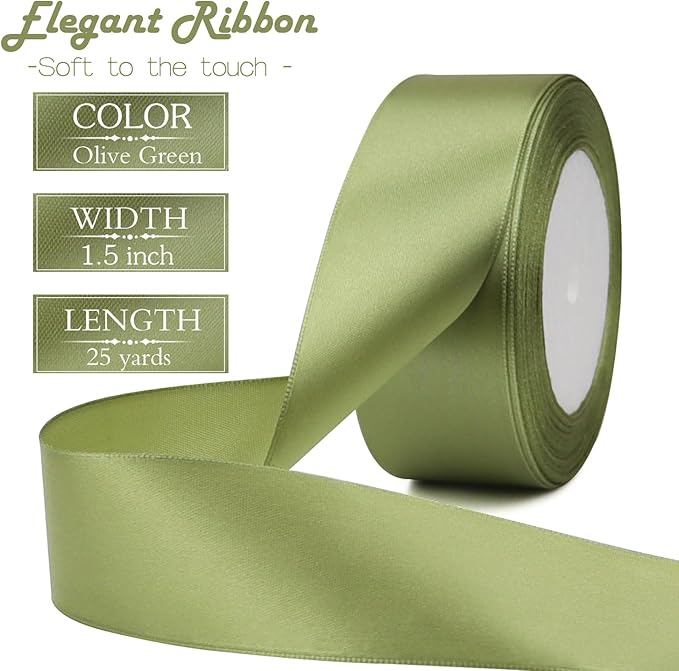 Olive Green Solid Satin Ribbon 1-1/2 Inch 25 Yards Solid Polyester Fabric Ribbon - Image 2