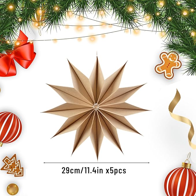 5 Pcs 12-Pointed Brown Paper Star Lanterns 12 Inch Hanging Lamp Rustic Paper - Image 3
