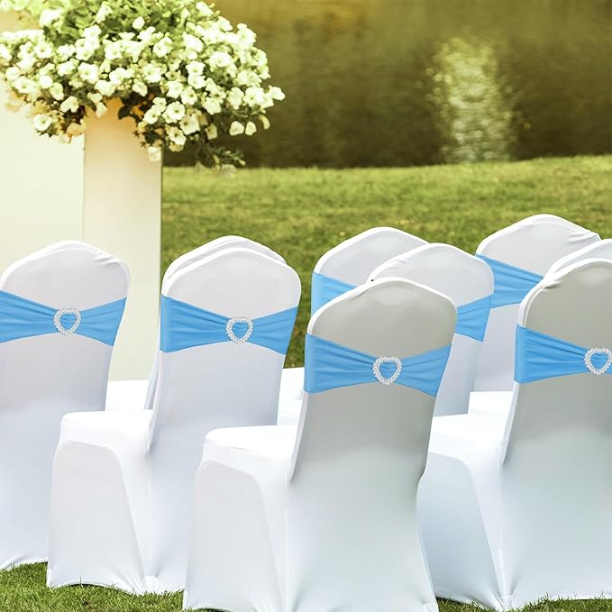 100 Pack Spandex Stretch Blue Chair Sashes Bows Universal Elastic Light Blue - Image 2