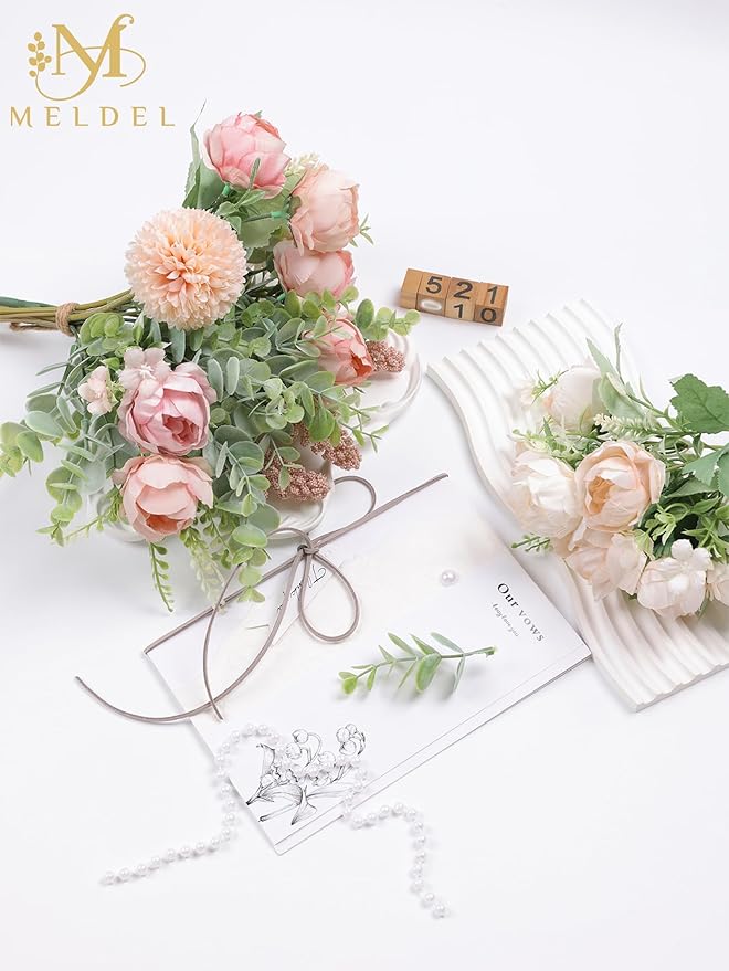 Meldel 3Pcs Peony Bouquet Light Pink Champagne Rose Artificial Flowers - Image 5