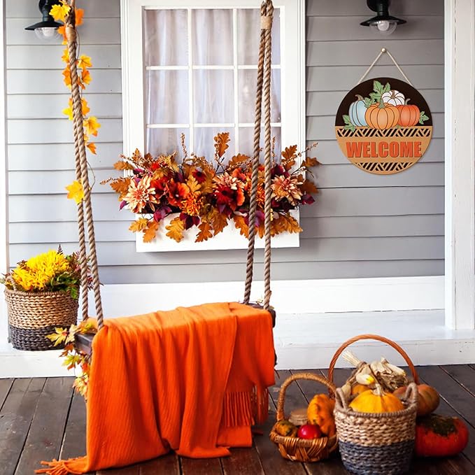 CHDITB Fall Pumpkin Welcome Front Door Sign Wreath, Wooden 3D Hello Fall Autumn - Image 7