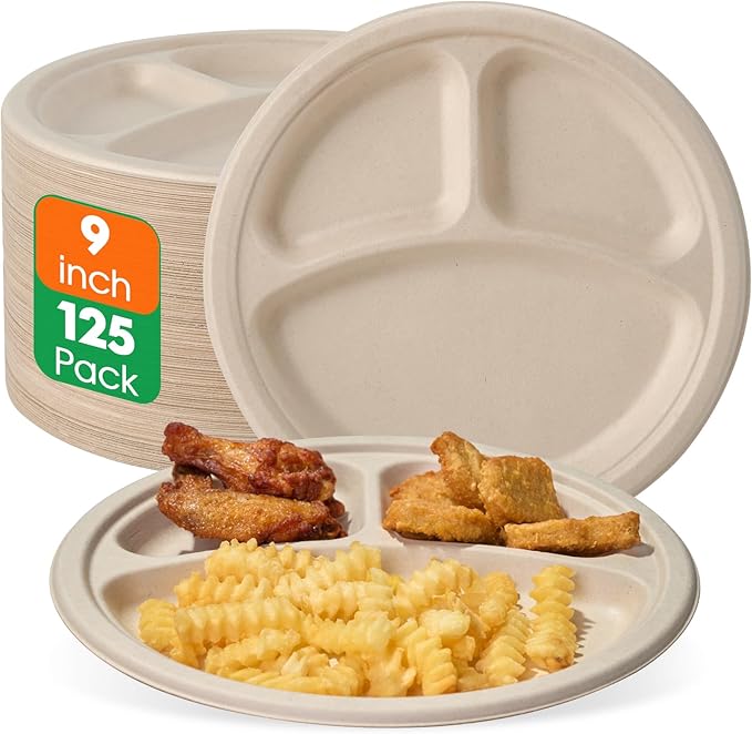 ECOLipak 125 Pack Compostable 3 Compartment Plates, 8.85 inch Heavy-Duty by ECOLipak