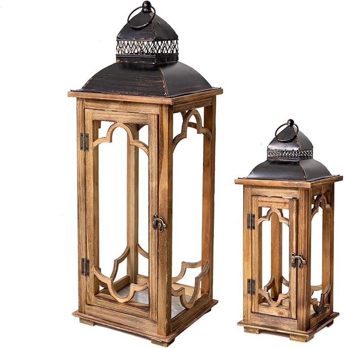 Large Farmhouse Decorative Wooden Lantern Set of 2, Rustic Brown Floor Lanterns - Image 8