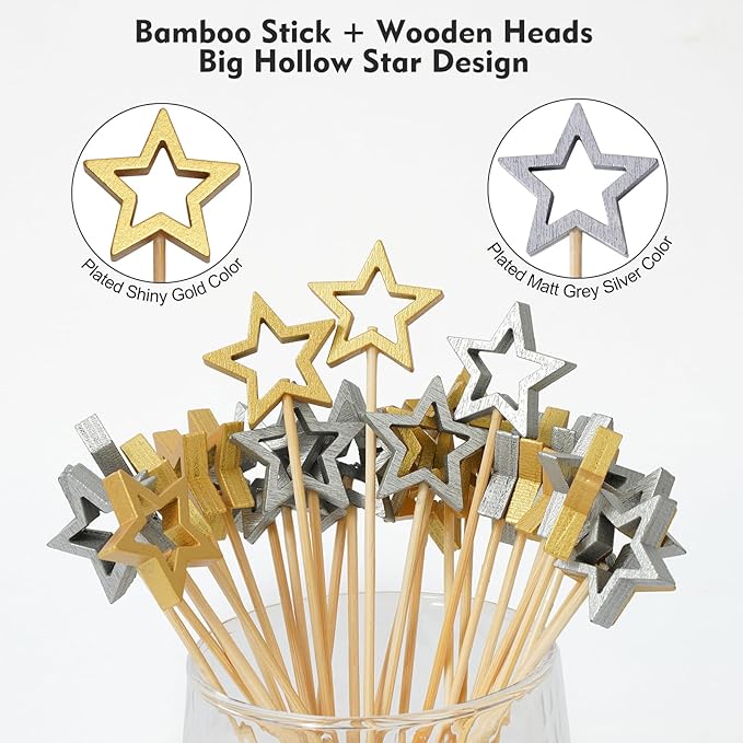 Minisland Matt Silver Star Cocktail Picks, 5.5 Inch Long Bamboo Fancy Toothpicks - Image 2