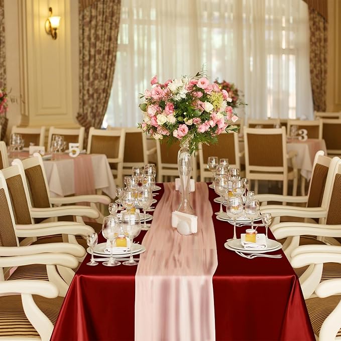 TURSTIN 1 Pack Burgundy Satin Tablecloth 102 x 58 Inch Overlay Satin Table - Image 7
