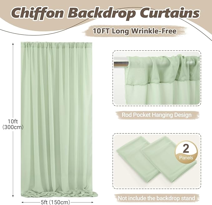 10ft x 10ft Sage Green Backdrop Curtains, Wrinkle-Free Sheer Chiffon Fabric - Image 5