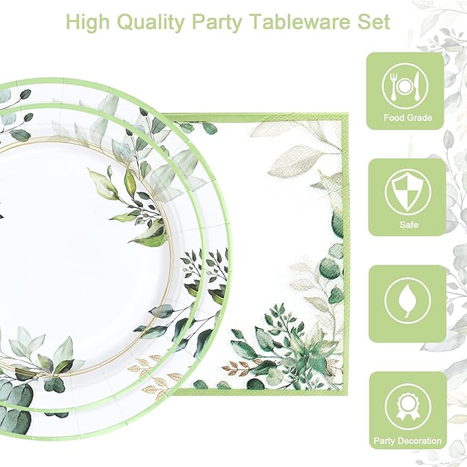 Green Party Plates Supplies, Sage Green Paper Eucalyptus Leaf Plates and Napkins - Image 6