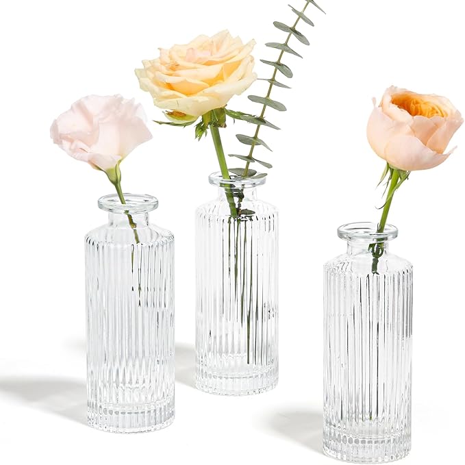 ComSaf Glass Bud Vases Set of 3, Small Flower Vases in Bulk, Mini Ribbed Vases by ComSaf