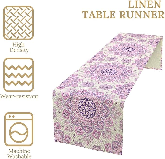 Purple Pink Mandala Table Runner, Traditional Indian Boho Mandala Flowers Print - Image 4