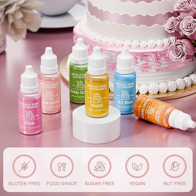 Edible Glitter Paint Set- 6 Color Food Coloring Metallic Glitter Paint - Image 2