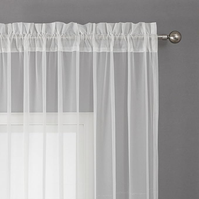 VISIONTEX White Sheer Voile Curtains, Decorative White Embossed European Rod - Image 3