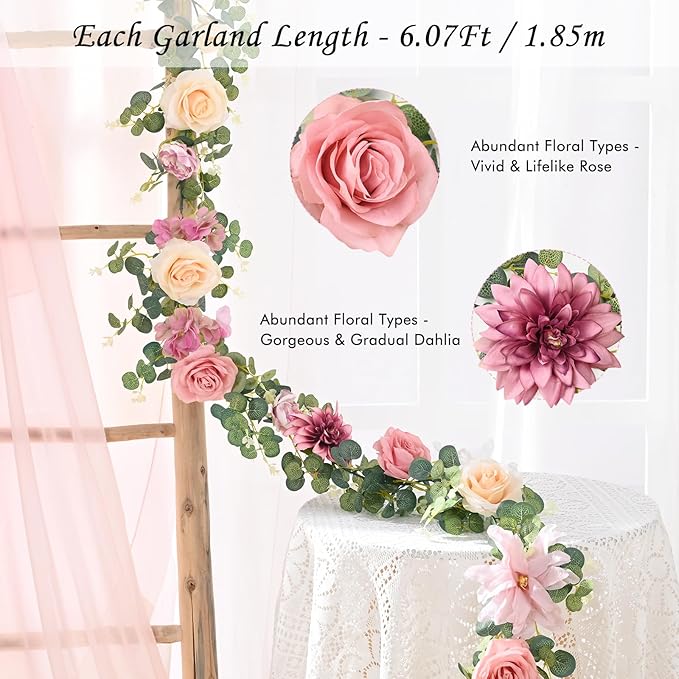 Waipfaru Flower Garland Decorations, 6.07Ft Pink Floral Rose Garland, - Image 2