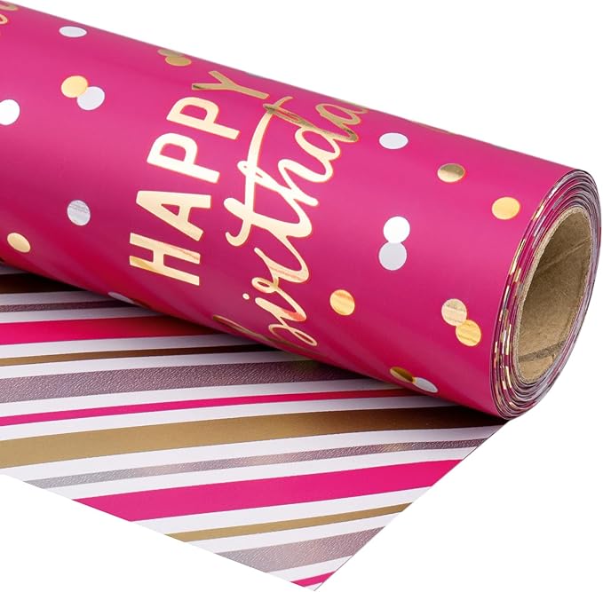 LeZakaa Reversible Pink Birthday Wrapping Paper Roll by LeZakaa