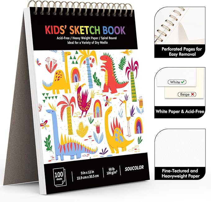 Soucolor 9" x 12" Kids Sketch Book, 100 Sheets Spiral Bound Art Sketchbook - Image 2