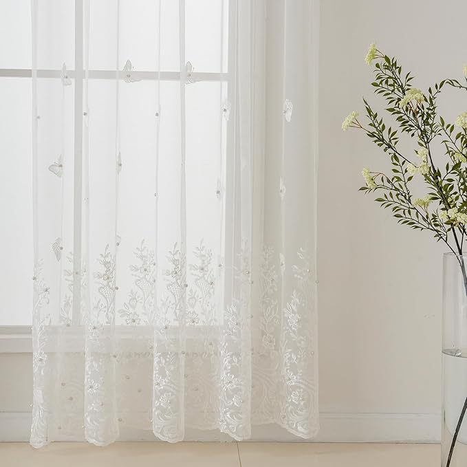 VISIONTEX White Voile Curtains, Decorative White Embossed Butterflies Rod - Image 2