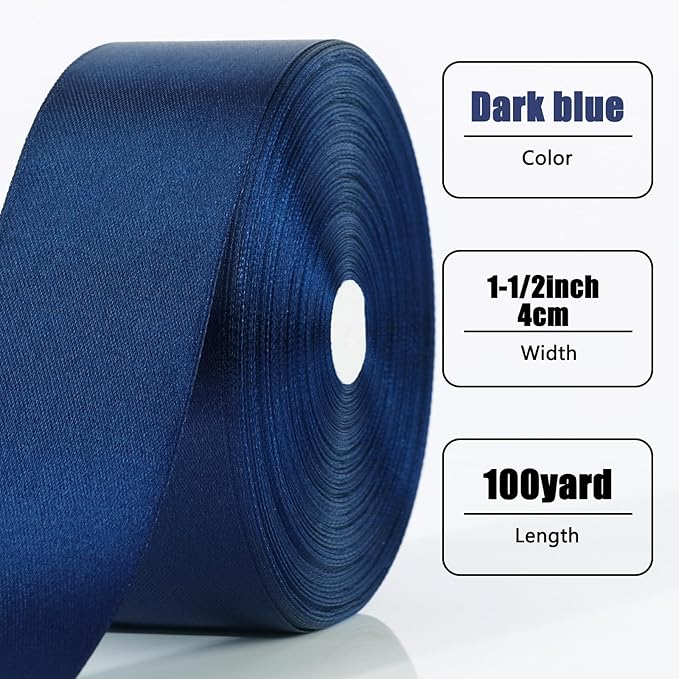 NESCCI 100 Yards Ribbon, 1-1/2 Inch Dark Blue Satin Ribbon, Single Face Satin - Image 2