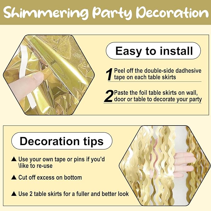 6 Pack 29 x108 Inch Light Gold Wave Foil Fringe Table Skirts Metallic Banner - Image 3
