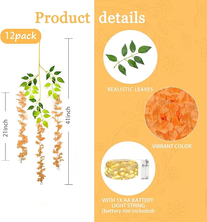 12 Pack Orange Wisteria Hanging Flowers Garland - Image 2