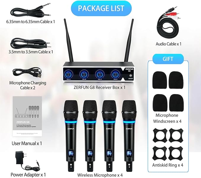 4 Channel Rechargeable Wireless Microphone System, Pro UHF Metal Handheld - Image 6