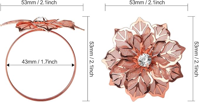 KPOSIYA Flower Napkin Rings Holder Metal Rose Gold Napkin Rings Set of 6 - Image 3