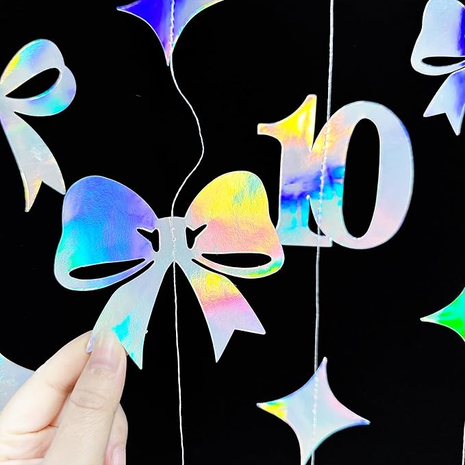 Iridescent 10th Bow Birthday Decorations Glitter Conquette Bow Garland Streamer - Image 3