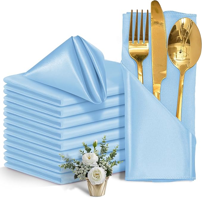 50 Pieces Light Blue Satin Napkins, Silky Soft Smooth Washable Napkins by Eychei
