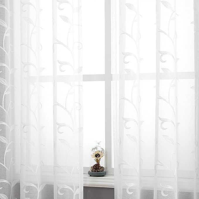 VISIONTEX White Sheer Voile Curtains, Decorative White Embroidery Faux Linen - Image 5